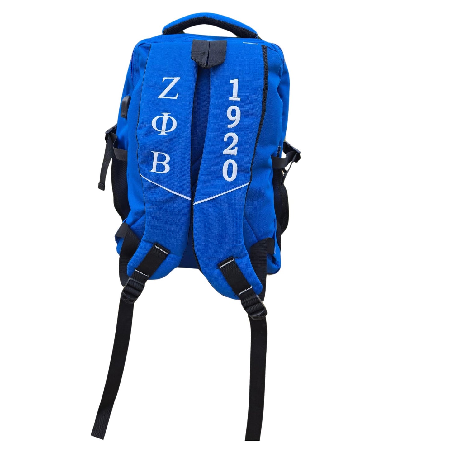 Zeta Phi Beta (ΖΦΒ) Blue & White Stylish, Polyester Fabric Coated College Backpack with laptop sleeves For Sorority Women, Made in India.