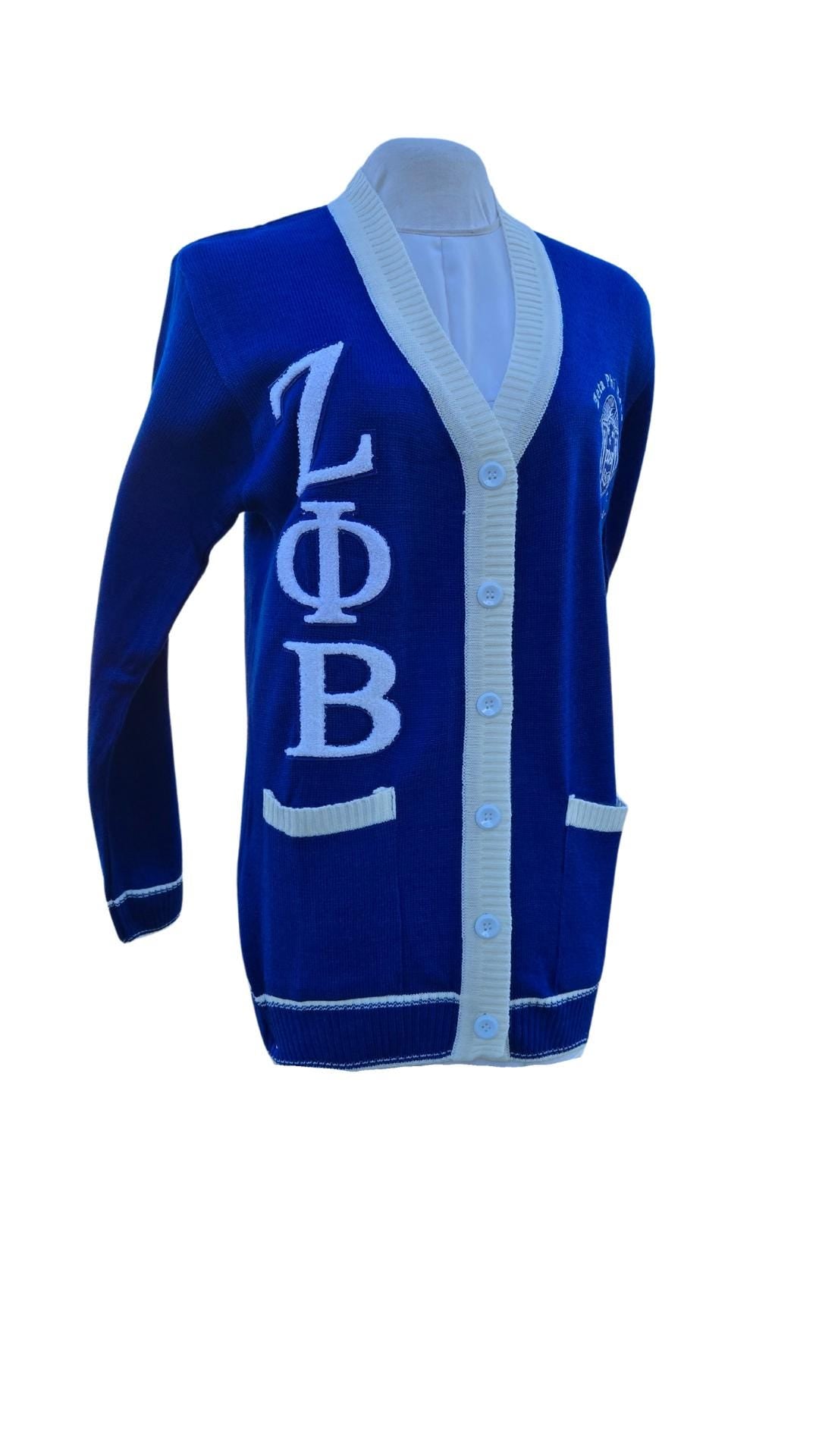 Zeta Phi Beta (ZOB) Blue & White, 3 letter Sweater/Cardigan for Zeta soror- stay warm in Style this WINTER- Exclusive Item for this winter!
