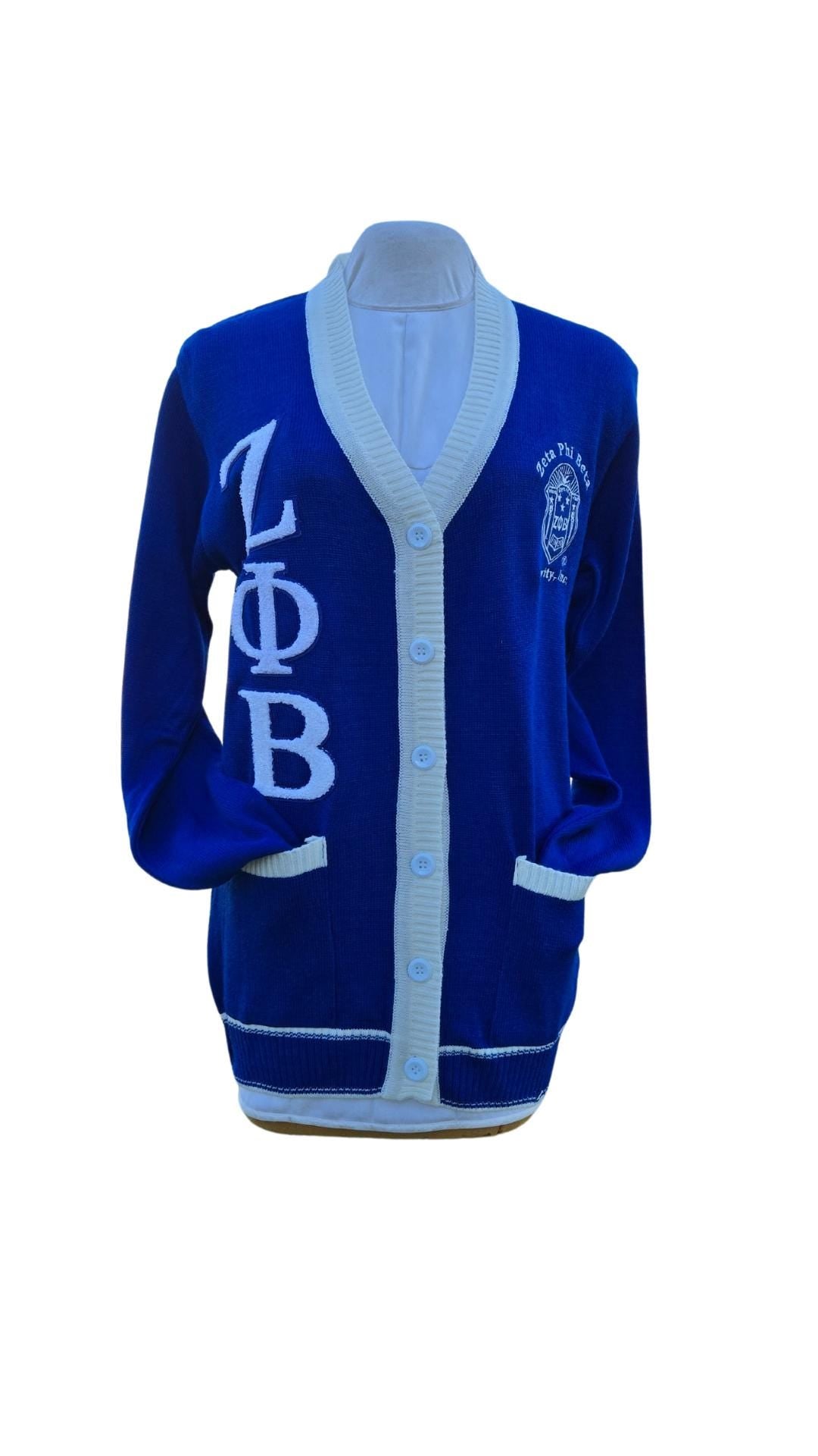 Zeta Phi Beta (ZOB) Blue & White, 3 letter Sweater/Cardigan for Zeta soror- stay warm in Style this WINTER- Exclusive Item for this winter!