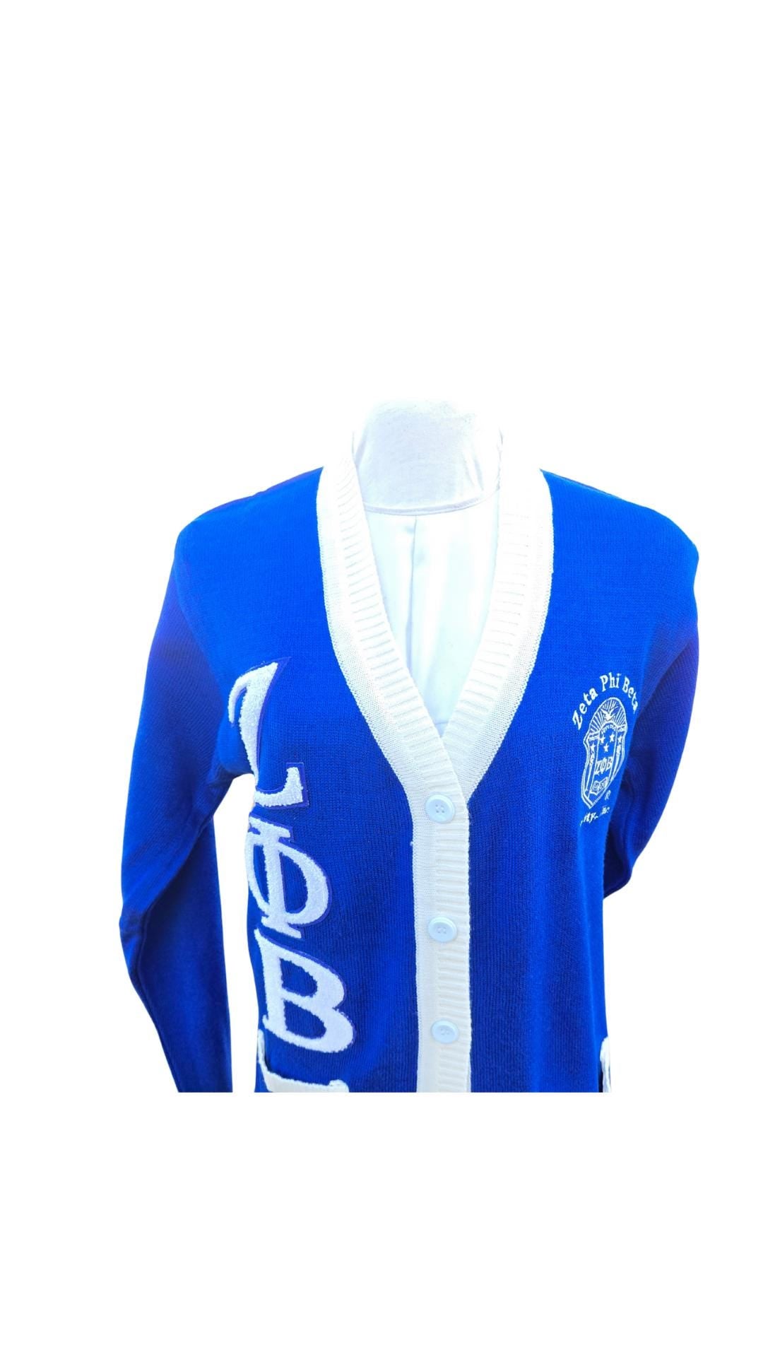 Zeta Phi Beta (ZOB) Blue & White, 3 letter Sweater/Cardigan for Zeta soror- stay warm in Style this WINTER- Exclusive Item for this winter!