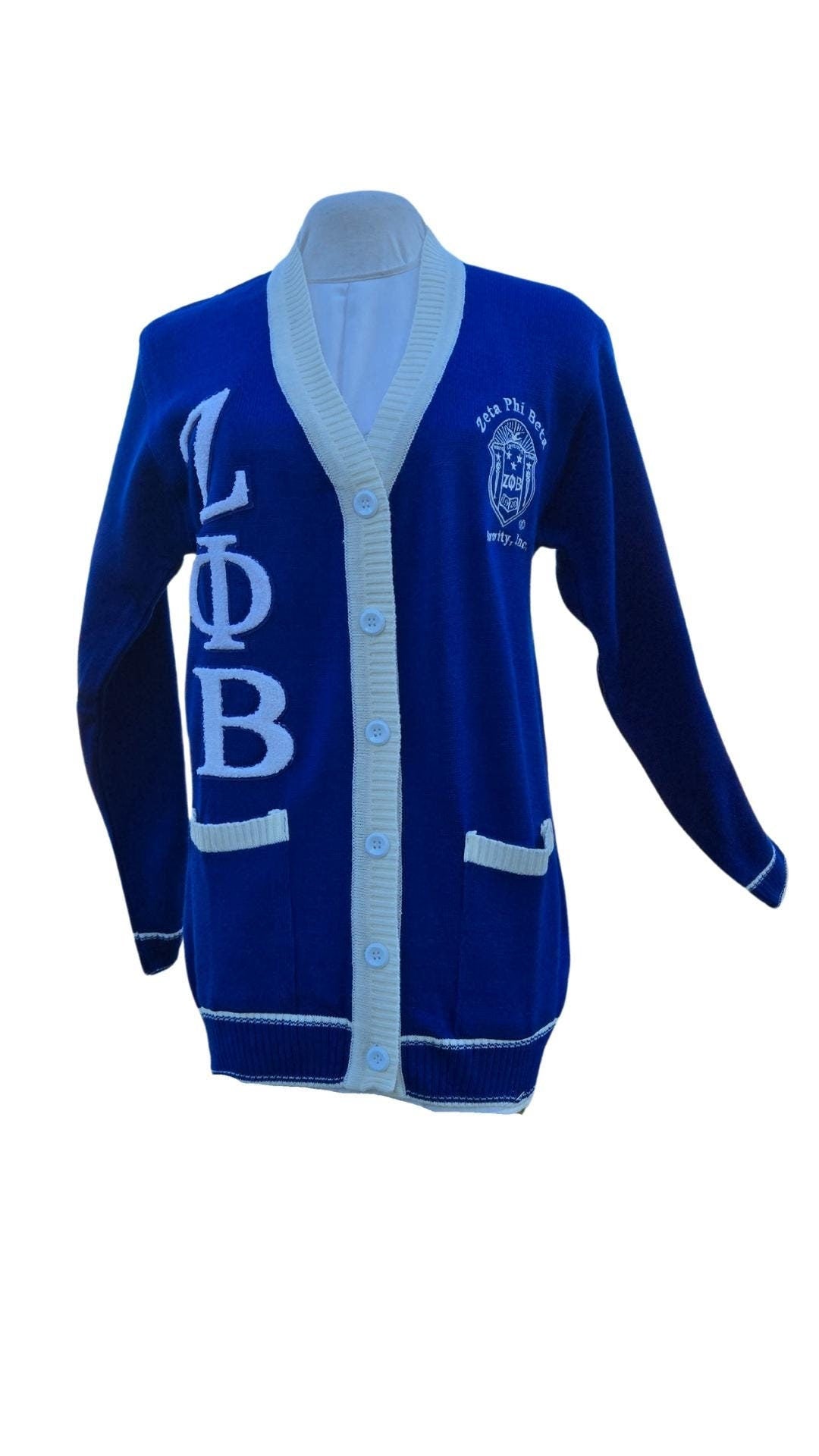 Zeta Phi Beta (ZOB) Blue & White, 3 letter Sweater/Cardigan for Zeta soror- stay warm in Style this WINTER- Exclusive Item for this winter!