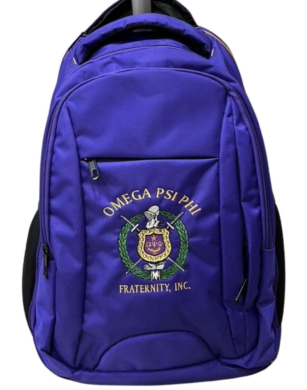 Omega Psi Phi (ΩΨΦ) Backpack on the wheels, with laptop sleeves and several zips to put your stuff, for Omega brothers who loves to travel