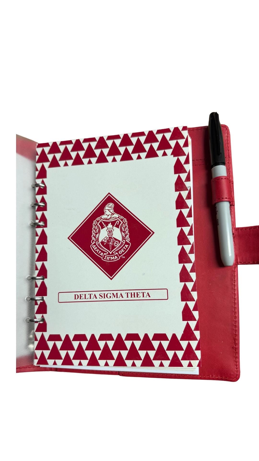 Delta Sigma Theta (ΔΣΘ) Sorority Artificial Leather Planner with calendar- organizational shield print on front Red Color 2025