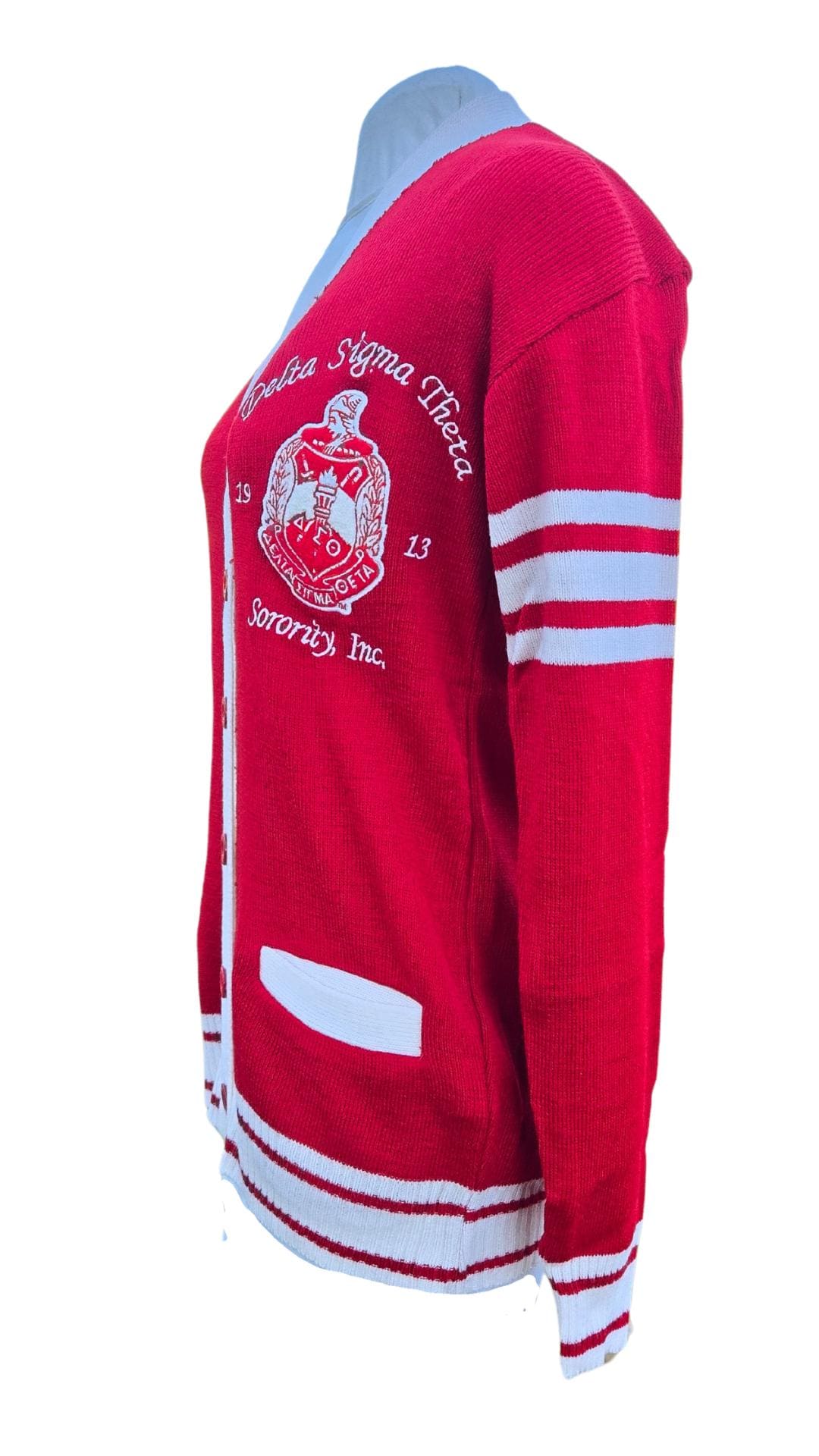Delta Sigma Theta (ΔΣΘ) Red & White, 3 letter chenille Sweater/Cardigan for Delta Soror- stay warm in Style this WINTER Exclusive