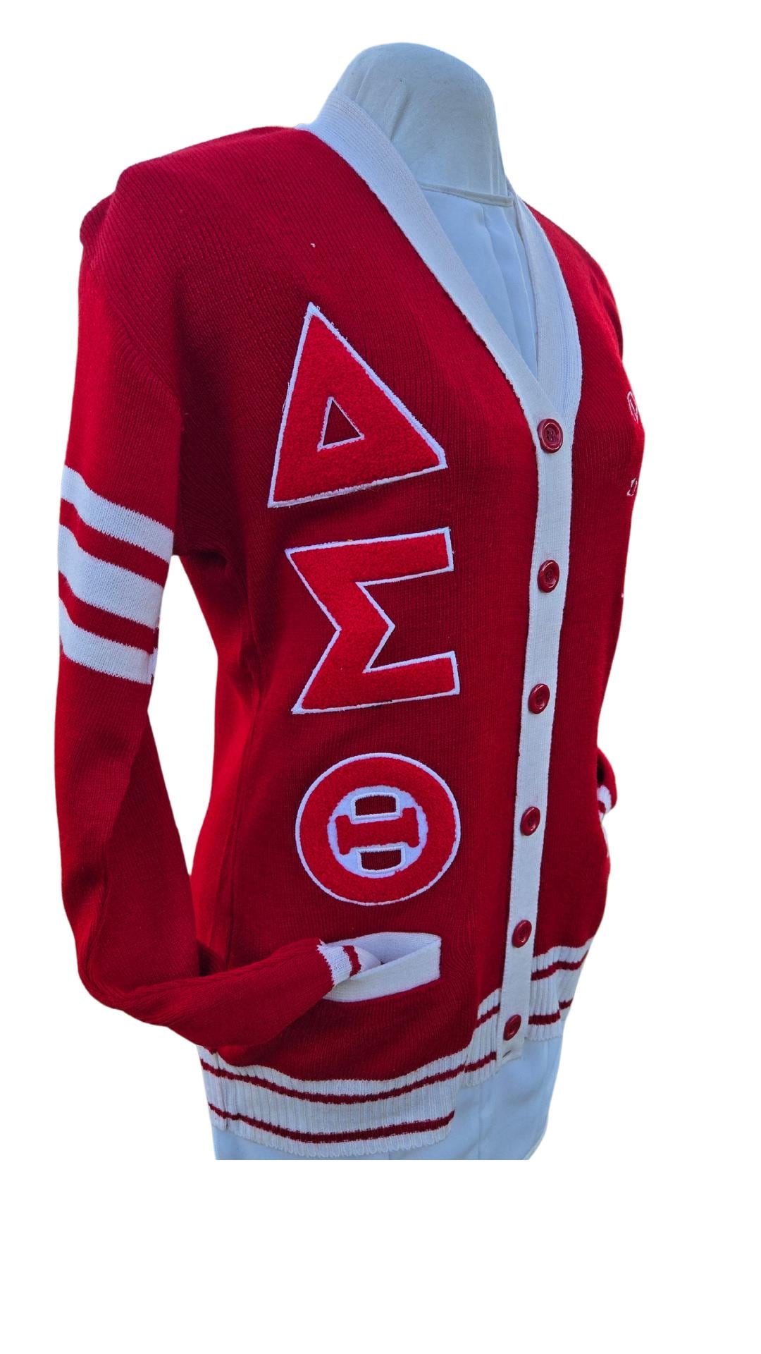 Delta Sigma Theta (ΔΣΘ) Red & White, 3 letter chenille Sweater/Cardigan for Delta Soror- stay warm in Style this WINTER Exclusive