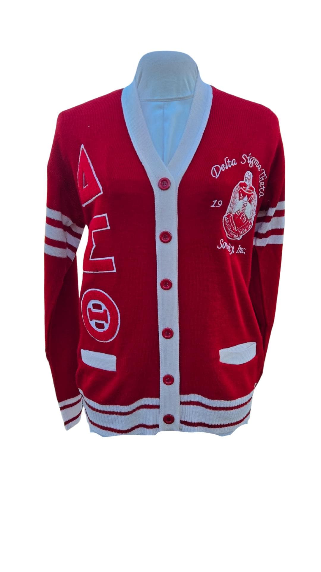 Delta Sigma Theta (ΔΣΘ) Red & White, 3 letter chenille Sweater/Cardigan for Delta Soror- stay warm in Style this WINTER Exclusive