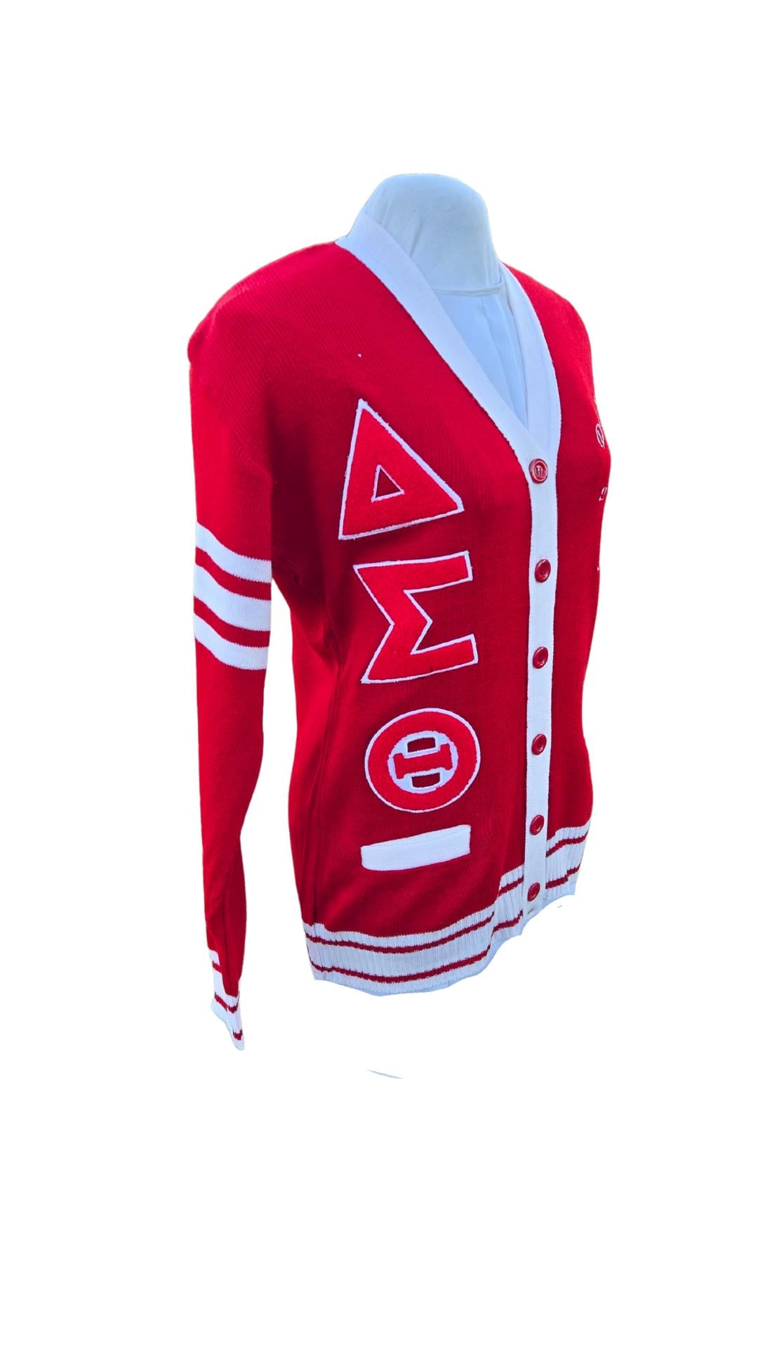 Delta Sigma Theta (ΔΣΘ) Red & White, 3 letter chenille Sweater/Cardigan for Delta Soror- stay warm in Style this WINTER Exclusive