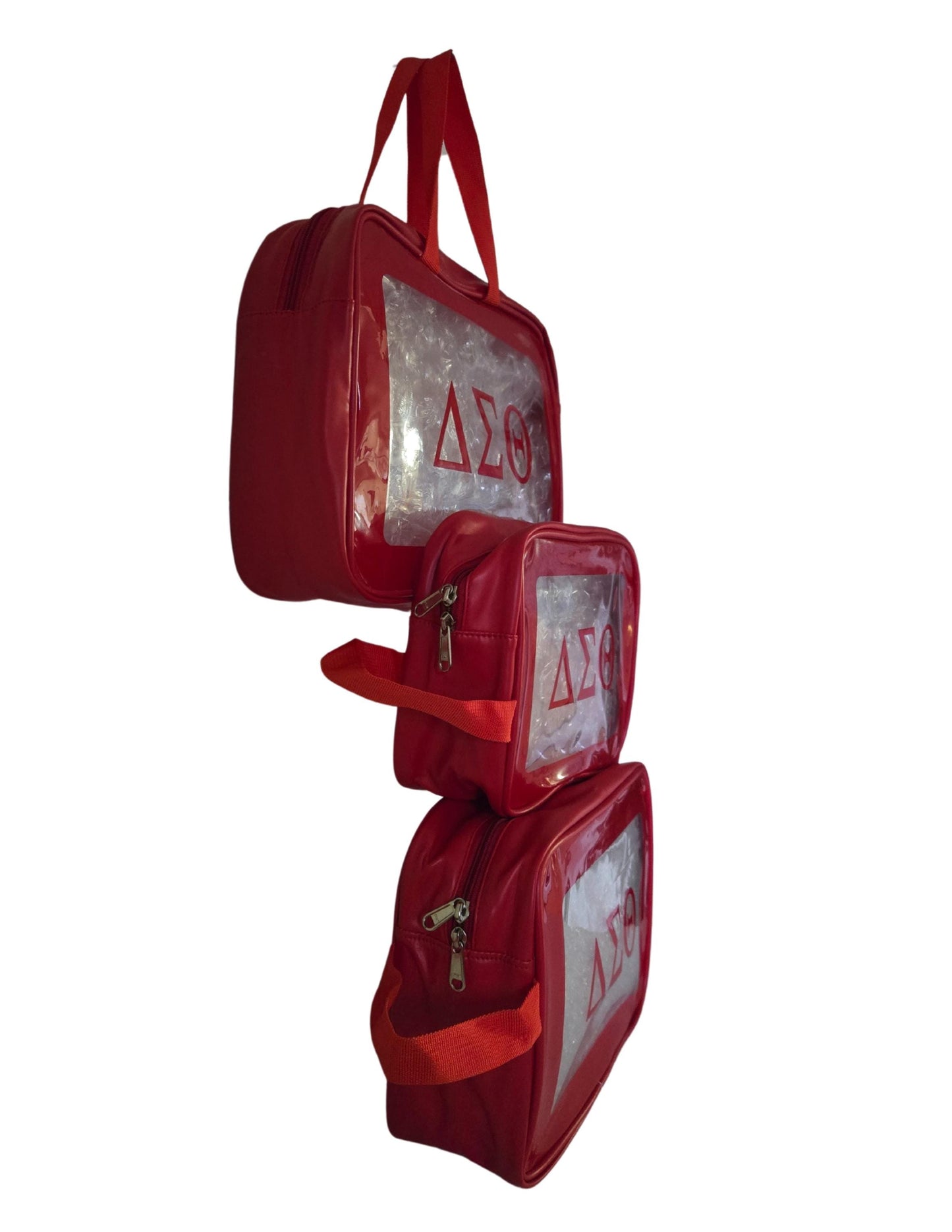 Delta Sigma Theta (DST) Red Cosmetic Bag Set Transparent Makeup Organizer Travel Kit Polyester PVC Coated 3 Piece Set