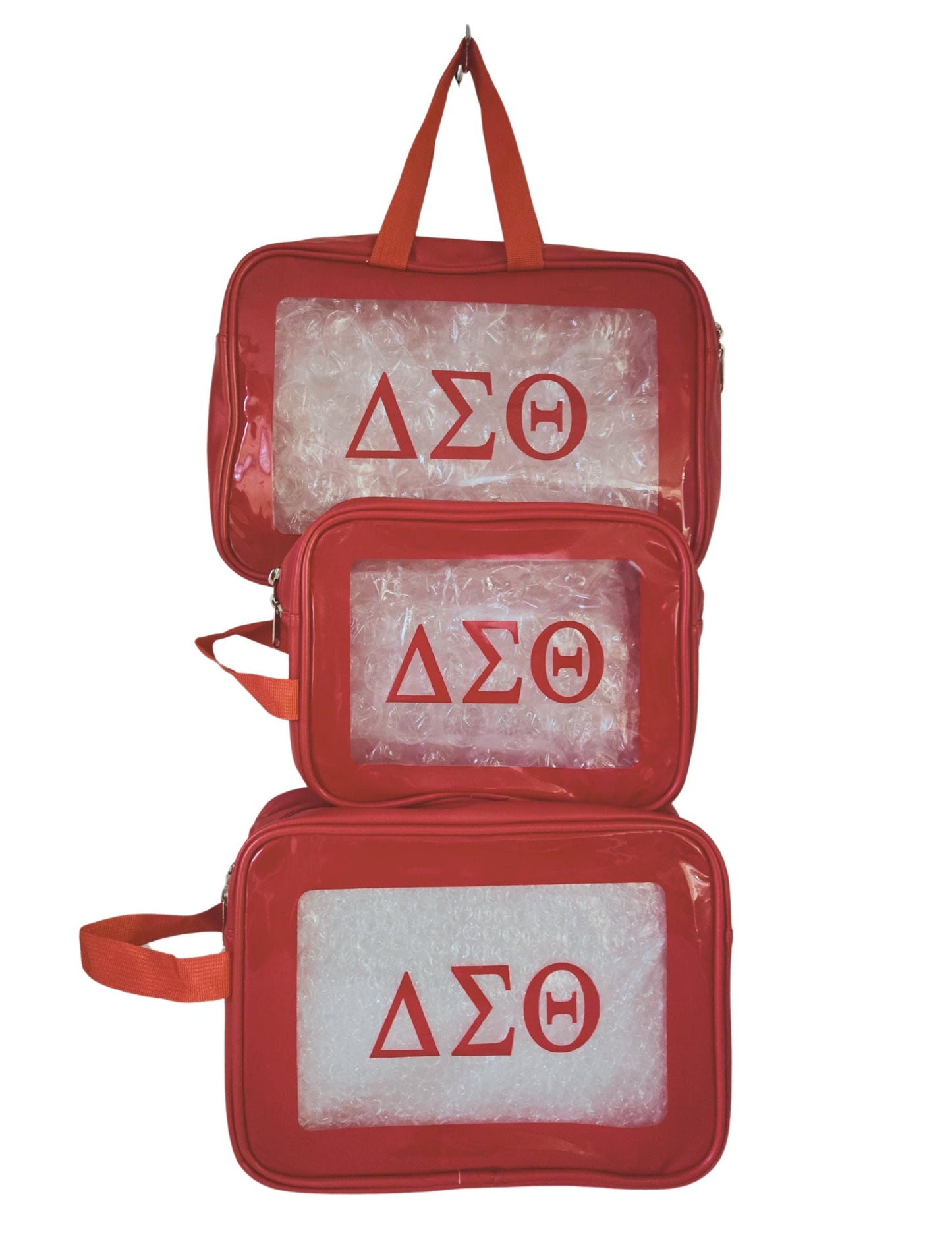 Delta Sigma Theta (DST) Red Cosmetic Bag Set Transparent Makeup Organizer Travel Kit Polyester PVC Coated 3 Piece Set