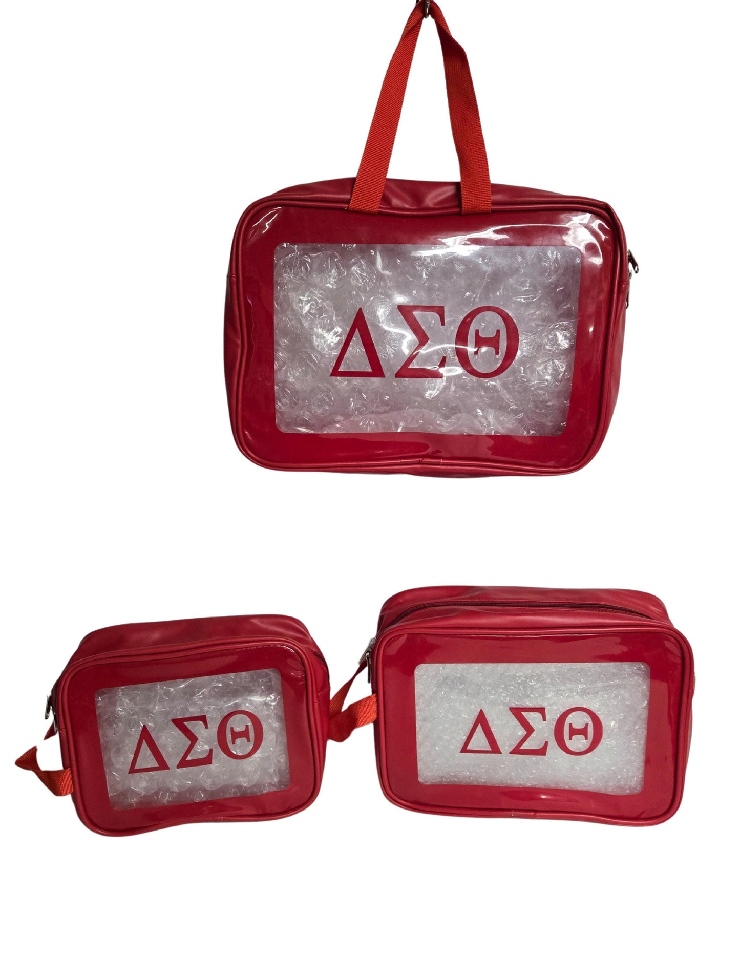 Delta Sigma Theta (DST) Red Cosmetic Bag Set Transparent Makeup Organizer Travel Kit Polyester PVC Coated 3 Piece Set