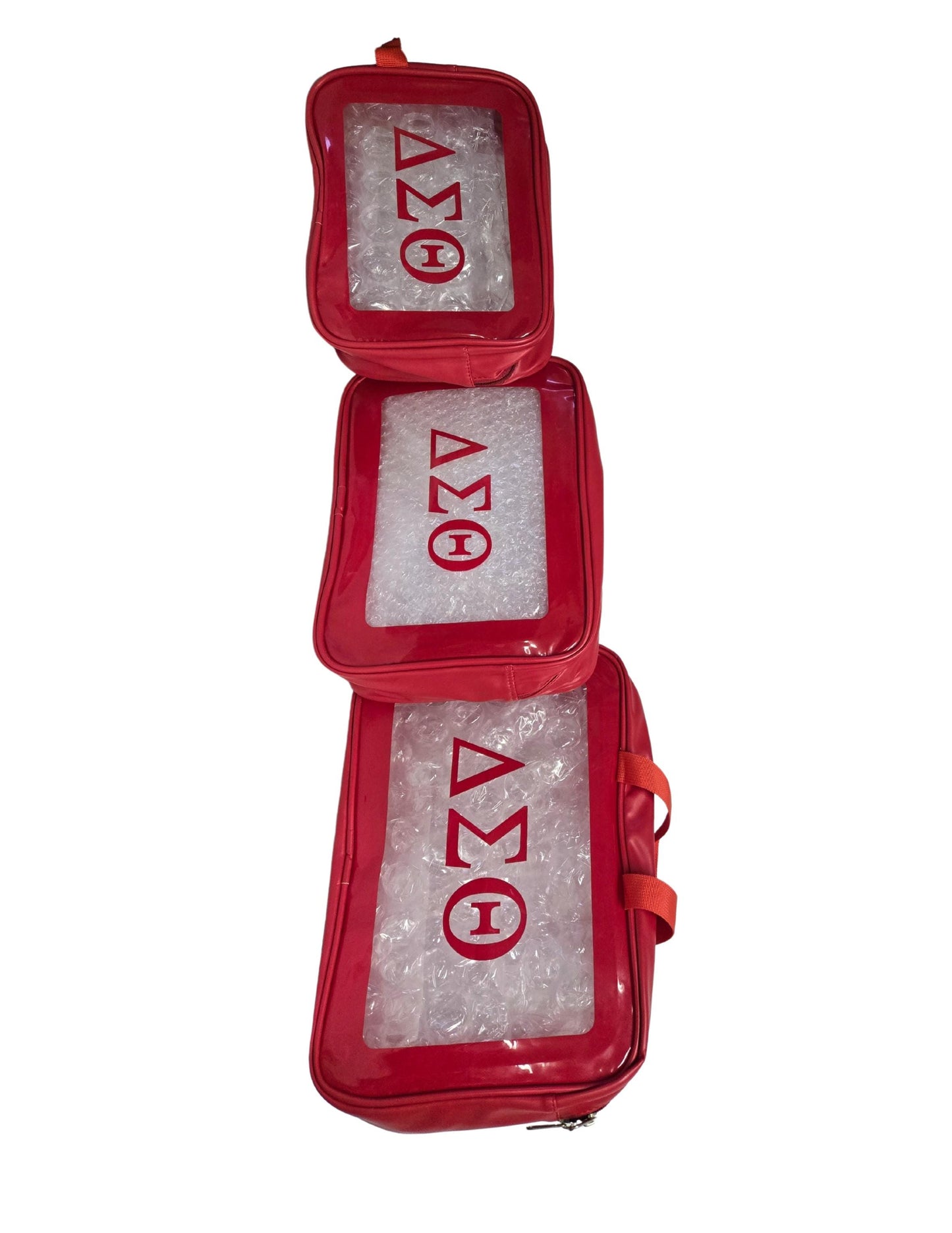 Delta Sigma Theta (DST) Red Cosmetic Bag Set Transparent Makeup Organizer Travel Kit Polyester PVC Coated 3 Piece Set