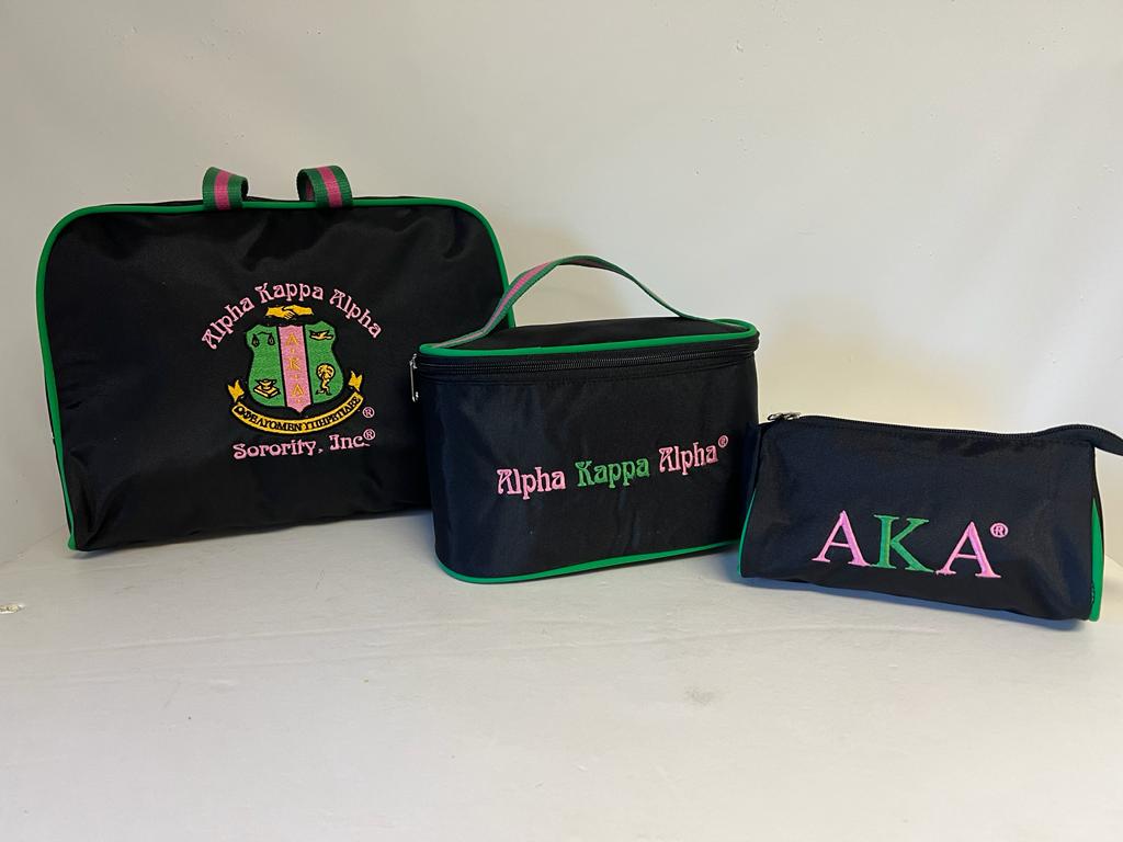 Alpha Kappa Alpha (AKA) Black & Pink Cosmetic Bag Set Makeup Organizer Travel Kit Polyester PVC Coated 3 Piece Set, Made in India.