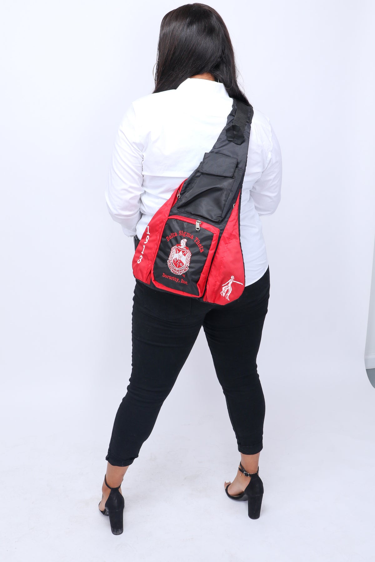 Delta Sigma Theta  (ΔΣΘ) Red & Black, 1 Shoulder Crossbody GUITAR Sling/Shoulder bag with 5 External Pockets.