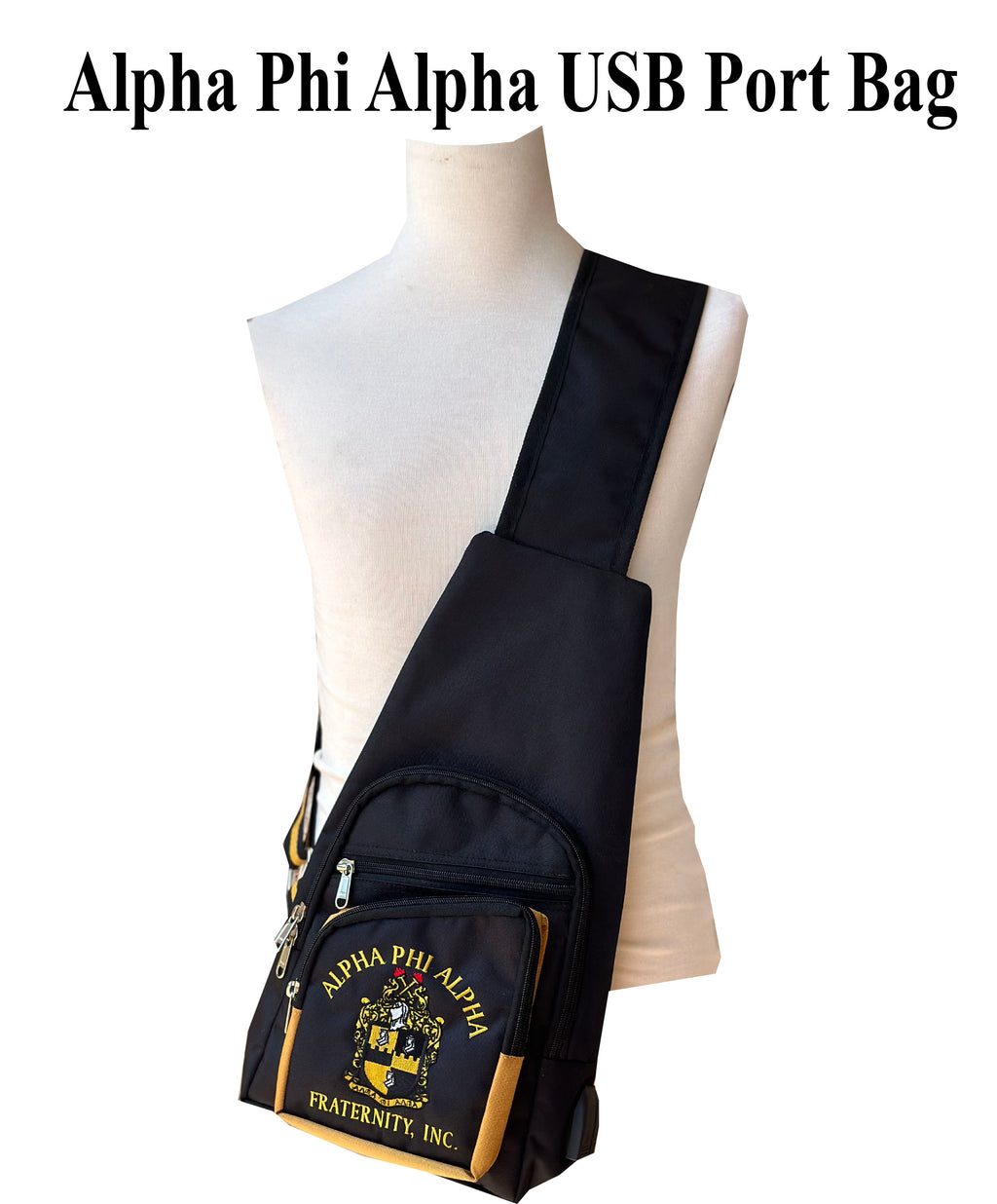 Alpha Phi Alpha (ΑΦΑ) Fraternity, single Shoulder Crossbody Sling/Shoulder bag with USB Port, Embroidered Organizational Shield in Front
