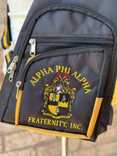 Load image into Gallery viewer, Alpha Phi Alpha (ΑΦΑ) Fraternity, single Shoulder Crossbody Sling/Shoulder bag with USB Port, Embroidered Organizational Shield in Front
