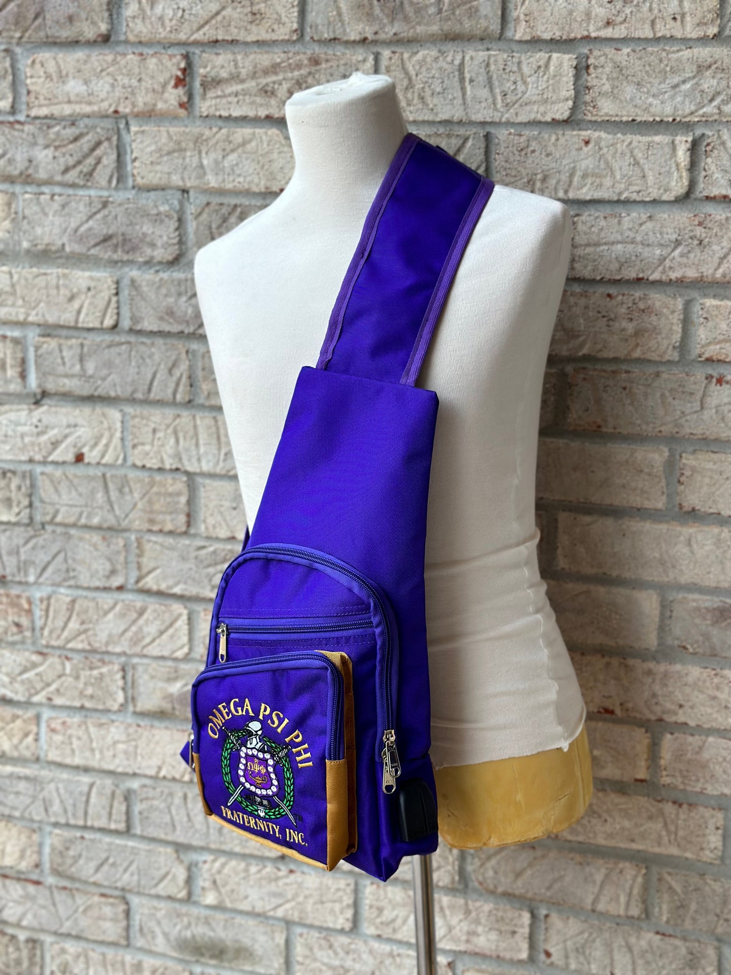 Omega Psi Phi (ΩΨΦ) Fraternity, single Shoulder Crossbody Sling/Shoulder bag with USB Port, Embroidered Organizational Shield in Front