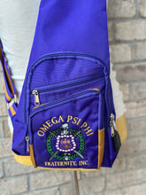 Load image into Gallery viewer, Omega Psi Phi (ΩΨΦ) Fraternity, single Shoulder Crossbody Sling/Shoulder bag with USB Port, Embroidered Organizational Shield in Front
