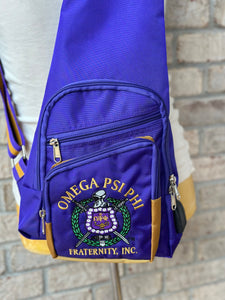 Omega Psi Phi (ΩΨΦ) Fraternity, single Shoulder Crossbody Sling/Shoulder bag with USB Port, Embroidered Organizational Shield in Front