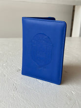 Load image into Gallery viewer, Zeta Phi Beta (ΖΦΒ) Sorority Artificial Leather Passport Cover- organizational shield print on front. Blue Color.
