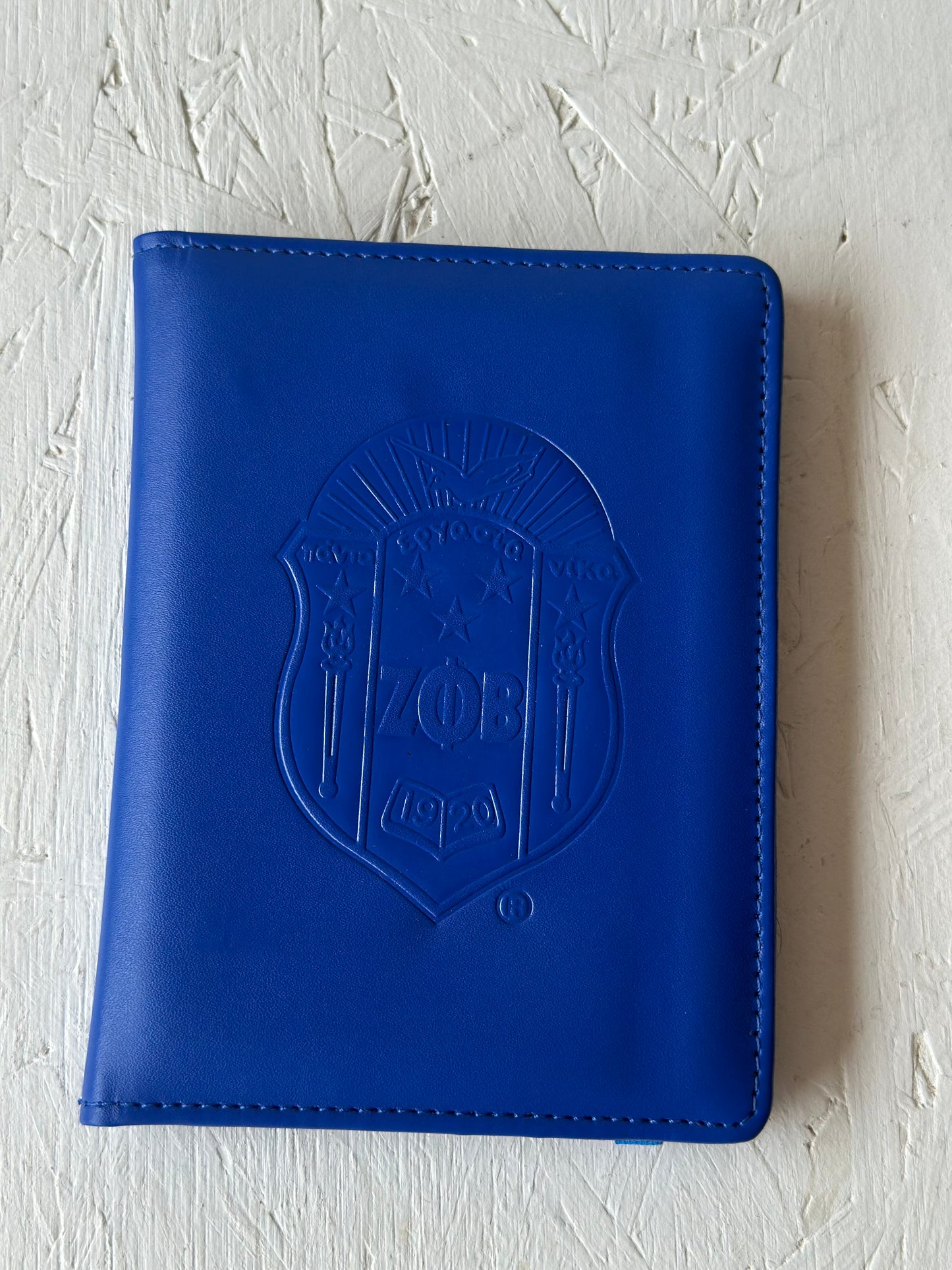 Zeta Phi Beta (ΖΦΒ) Sorority Artificial Leather Passport Cover- organizational shield print on front. Blue Color.