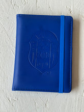 Load image into Gallery viewer, Zeta Phi Beta (ΖΦΒ) Sorority Artificial Leather Passport Cover- organizational shield print on front. Blue Color.
