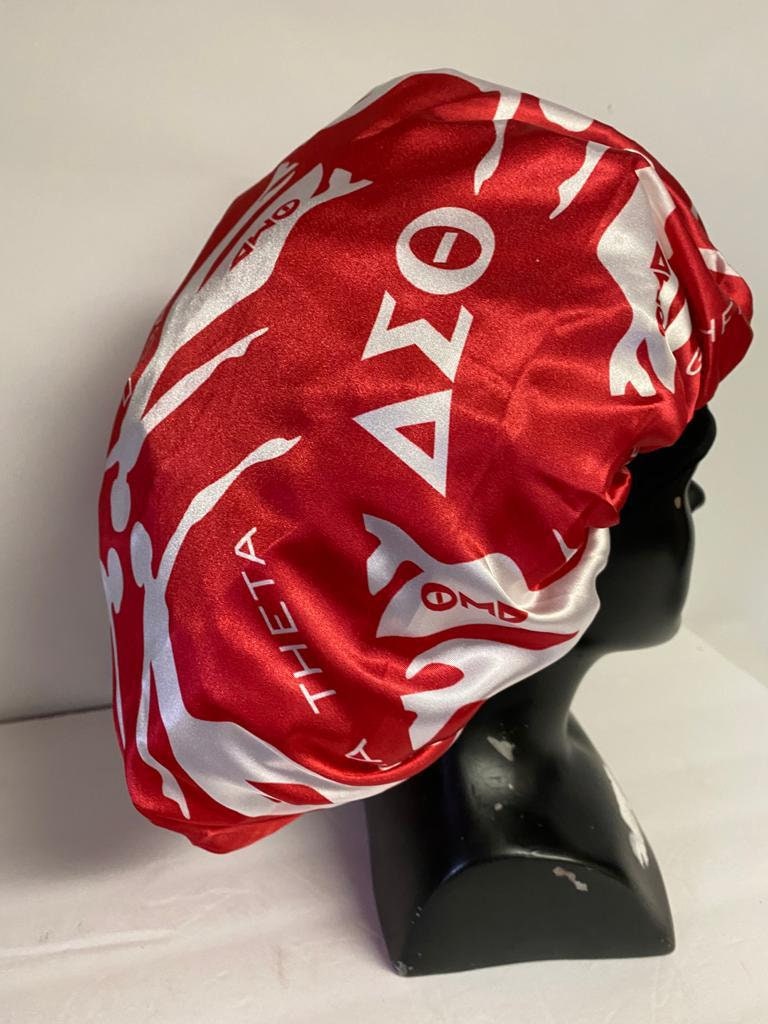 Delta Sigma Theta Sleeping Cap/Bonnet with Greek letters and Fortitude Lady printed on it, Satin Fabric, Soft Lycra Band, White & Red Color.