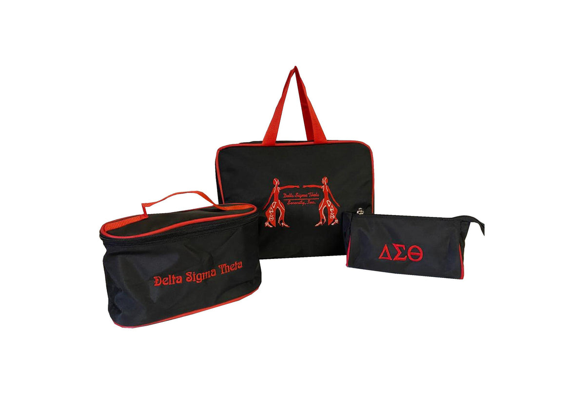 Delta Sigma Theta (DST) Red & Black Cosmetic Bag Set Makeup Organizer Travel Kit Polyester PVC Coated 3 Piece Set, Made in India.
