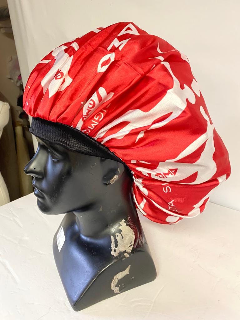 Delta Sigma Theta Sleeping Cap/Bonnet with Greek letters and Fortitude Lady printed on it, Satin Fabric, Soft Lycra Band, White & Red Color.