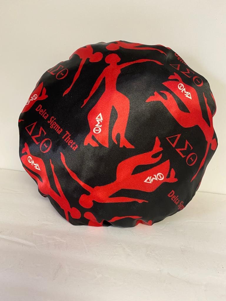 Delta Sigma Theta Sleeping Cap/Bonnet with Greek letters and Fortitude Lady printed on it, Satin Fabric, Soft Lycra Band, Red & Black Color.