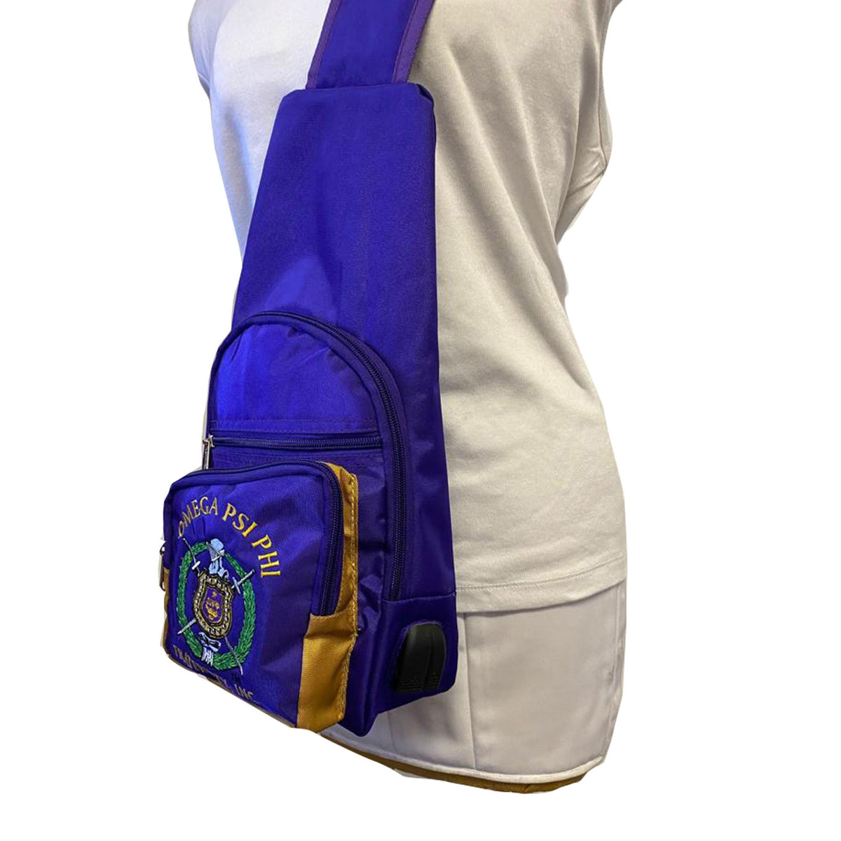 Omega Psi Phi (ΩΨΦ) Fraternity, single Shoulder Crossbody Sling/Shoulder bag with USB Port, Embroidered Organizational Shield in Front