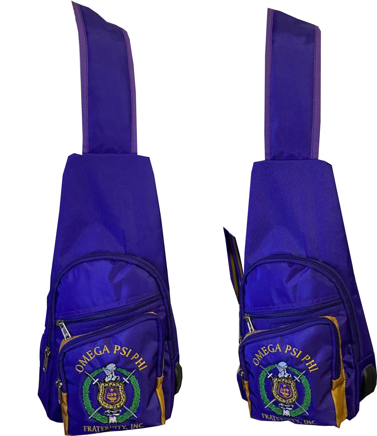 Omega Psi Phi (ΩΨΦ) Fraternity, single Shoulder Crossbody Sling/Shoulder bag with USB Port, Embroidered Organizational Shield in Front