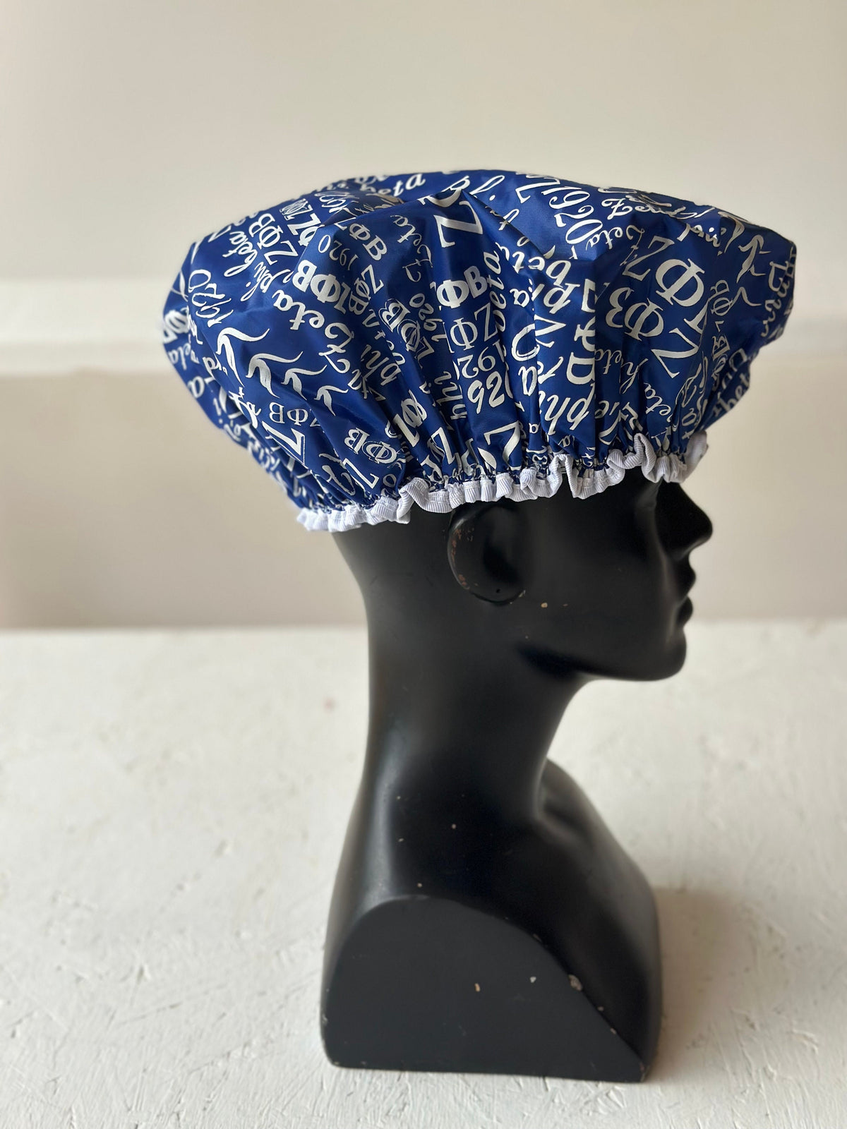 Zeta Phi Beta Shower Cap, Blue and white color Double Layer, with organization name, founding year and Greek letters for Women.