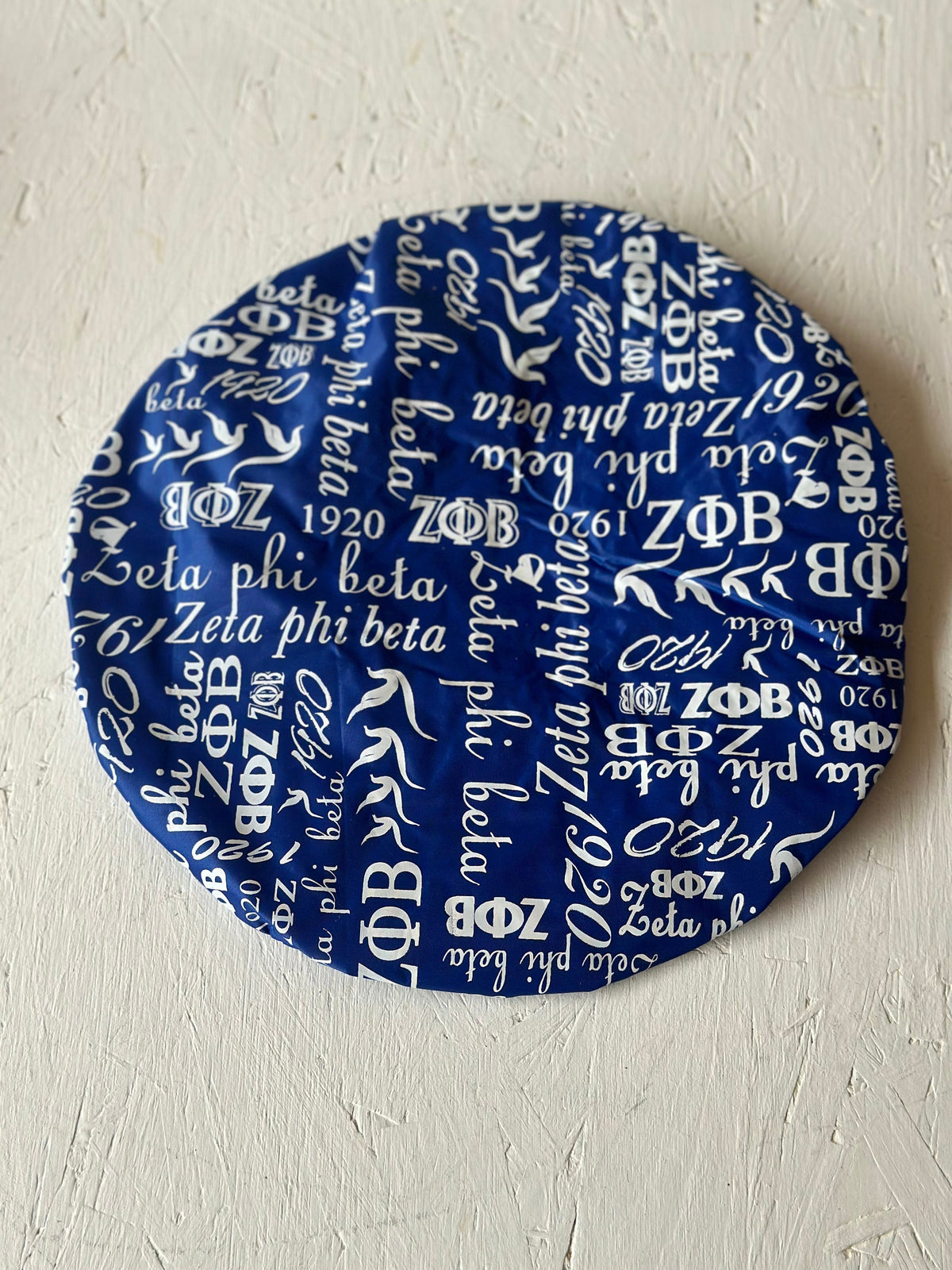 Zeta Phi Beta Shower Cap, Blue and white color Double Layer, with organization name, founding year and Greek letters for Women.