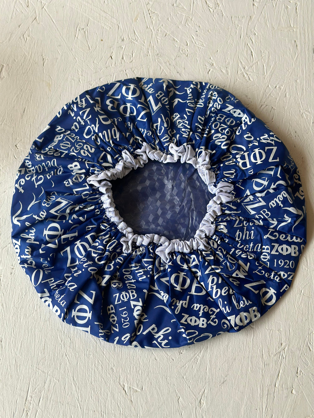Zeta Phi Beta Shower Cap, Blue and white color Double Layer, with organization name, founding year and Greek letters for Women.