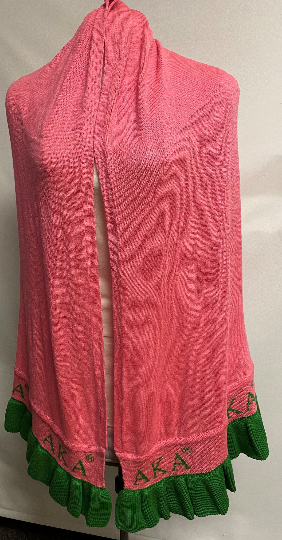 Alpha Kappa Alpha (AKA) Pink & Green Knitted Wrap/ Shrug/ Poncho with frill having Greek letter on the bottom, 100% Cotton, Made in India.