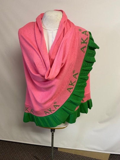Alpha Kappa Alpha (AKA) Pink & Green Knitted Wrap/ Shrug/ Poncho with frill having Greek letter on the bottom, 100% Cotton, Made in India.