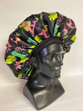 Alpha Kappa Alpha Sleeping Cap/Bonnet with Greek letters and Organizational shield printed on it, Satin Fabric, Soft Lycra Band Pink & Black