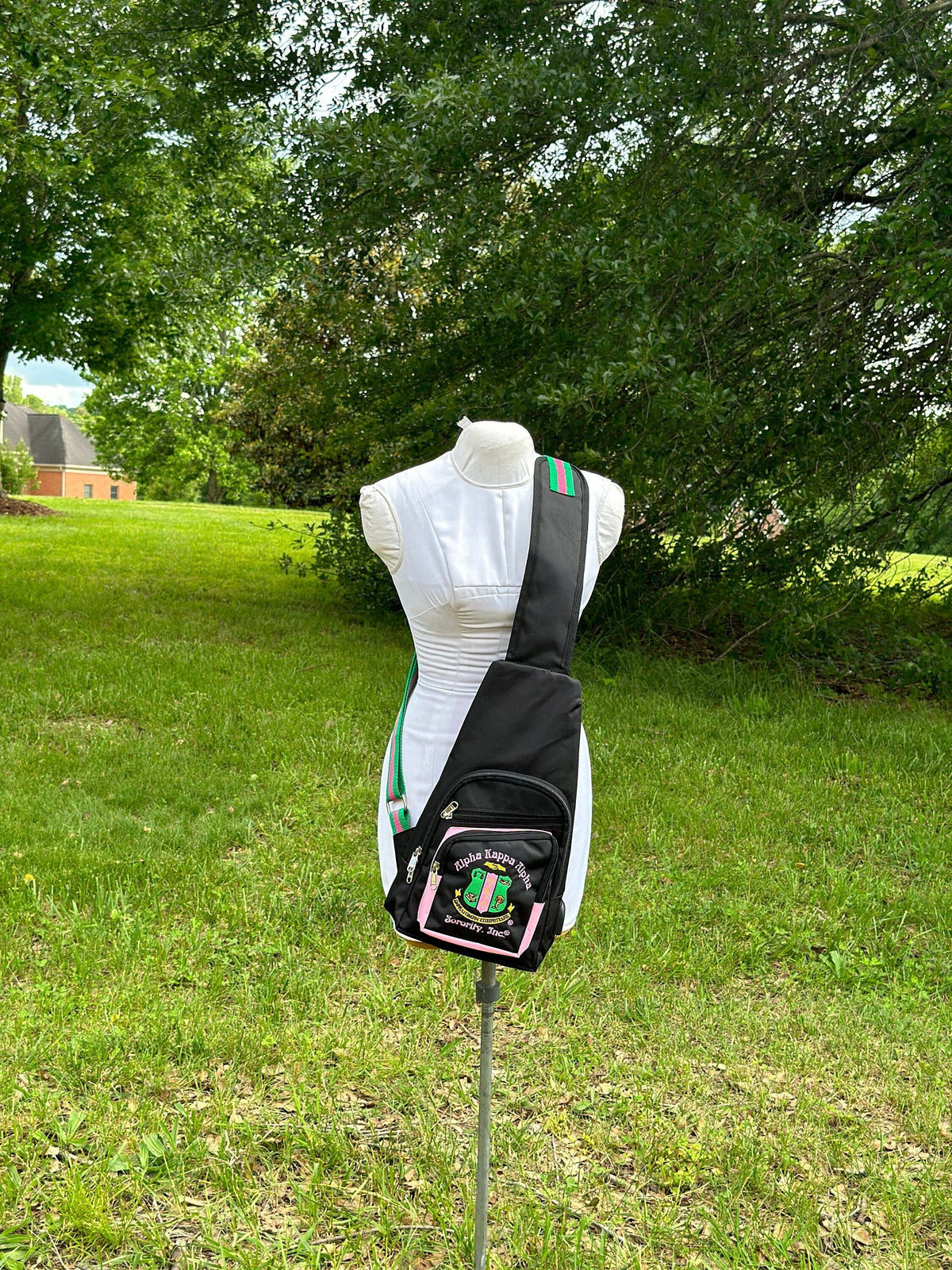 Alpha Kappa Alpha (AKA) Black or Pink One Shoulder Crossbody Sling/Shoulder bag with USB Port, Embroidered Organizational Shield in Front.
