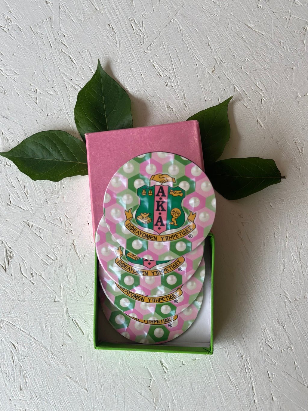 Alpha Kappa Alpha (AKA) Pink & Green Glass Coaster set of 4 for Living Room, Bedrooms and Car, Coffee/Tea cup mat- Rubber material.