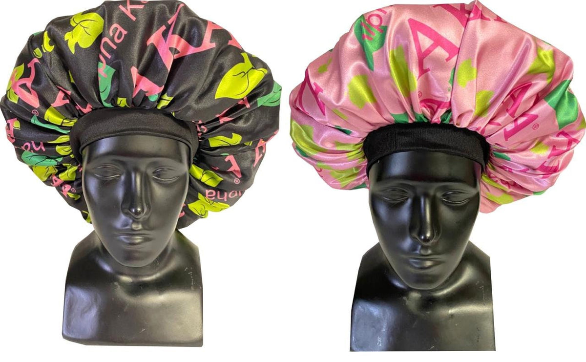 Alpha Kappa Alpha Sleeping Cap/Bonnet with Greek letters and Organizational shield printed on it, Satin Fabric, Soft Lycra Band Pink & Black