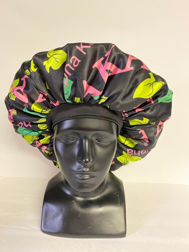Alpha Kappa Alpha Sleeping Cap/Bonnet with Greek letters and Organizational shield printed on it, Satin Fabric, Soft Lycra Band Pink & Black