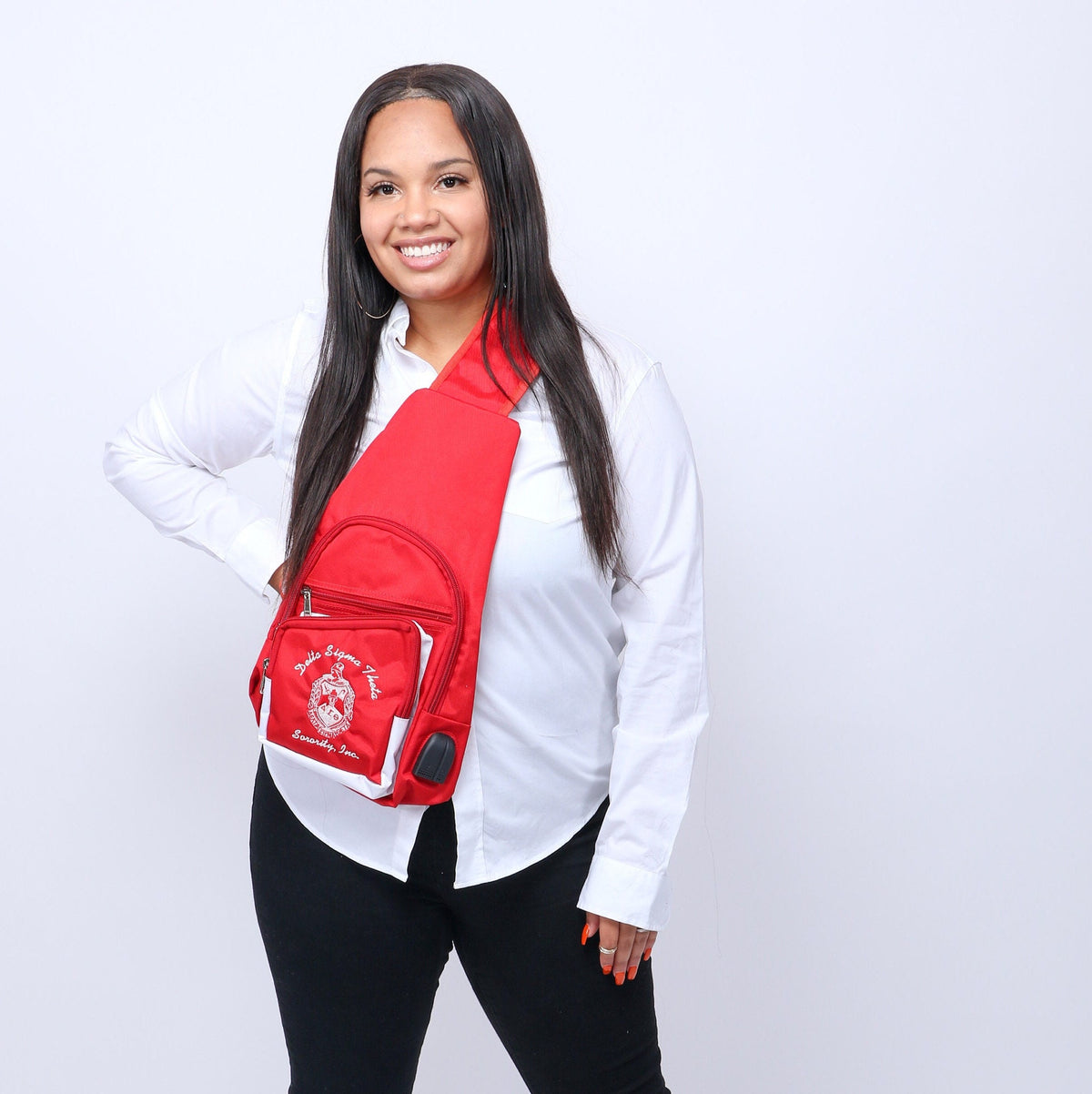 Delta Sigma Theta Black&Red, 1 Shoulder Crossbody Sling/Shoulder bag with USB Port,Embroidered Organizational Shield in Front,Made in India.