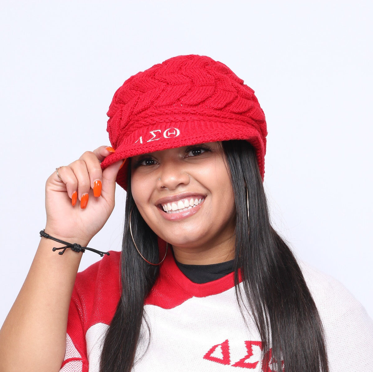 Delta Sigma Theta (ΔΣΘ) Sorority Red and Black color Acrylic woolen Cap/Winter hat with Greek letters on it, Reusable & Washable
