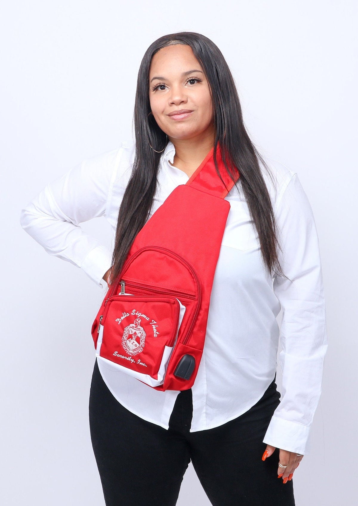 Delta Sigma Theta Black&Red, 1 Shoulder Crossbody Sling/Shoulder bag with USB Port,Embroidered Organizational Shield in Front,Made in India.