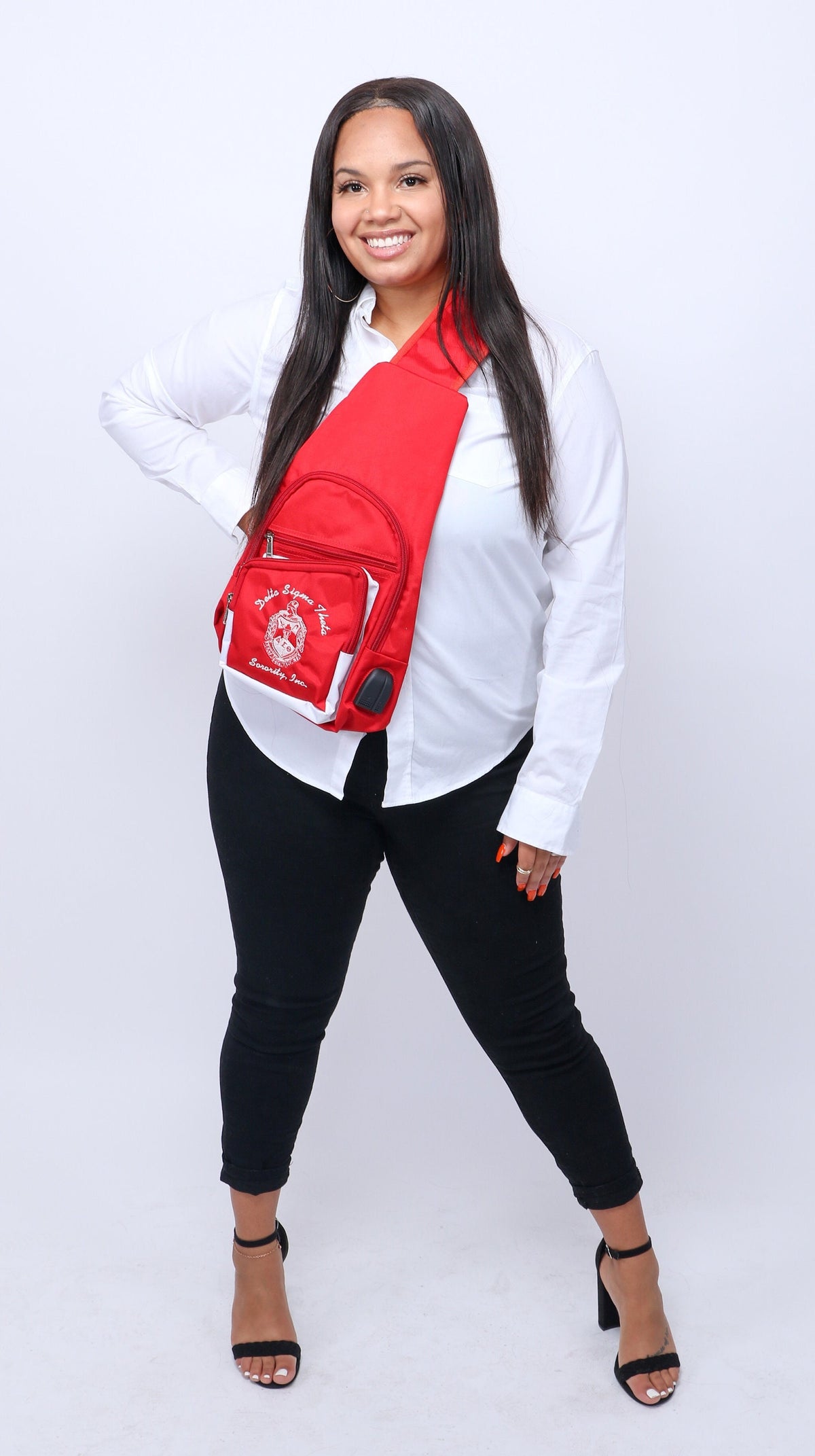 Delta Sigma Theta Black&Red, 1 Shoulder Crossbody Sling/Shoulder bag with USB Port,Embroidered Organizational Shield in Front,Made in India.