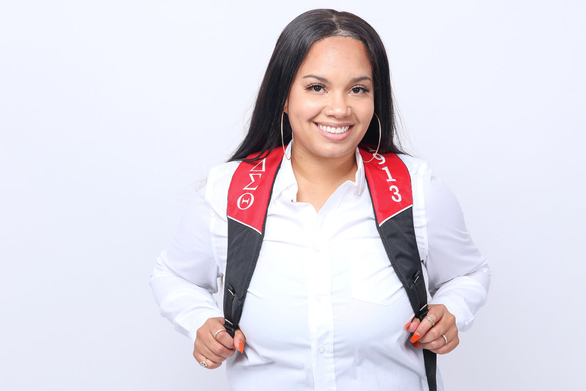 Delta Sigma Theta (DST) Black & Red Stylish, Polyester Fabric Coated College Backpack with laptop sleeves For Sorority Women, Made in India.
