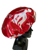Delta Sigma Theta Sleeping Cap/Bonnet with Greek letters and Fortitude Lady printed on it, Satin Fabric, Soft Lycra Band, White & Red Color.