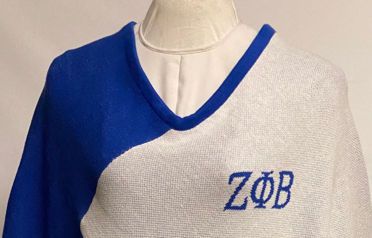 Zeta Phi Beta (ΖΦΒ) Blue & White knitted Cozy Wrap around/ cape/ shrug/ poncho For Women, Size Fits most, 100% Cotton Stylish, Made in INDIA
