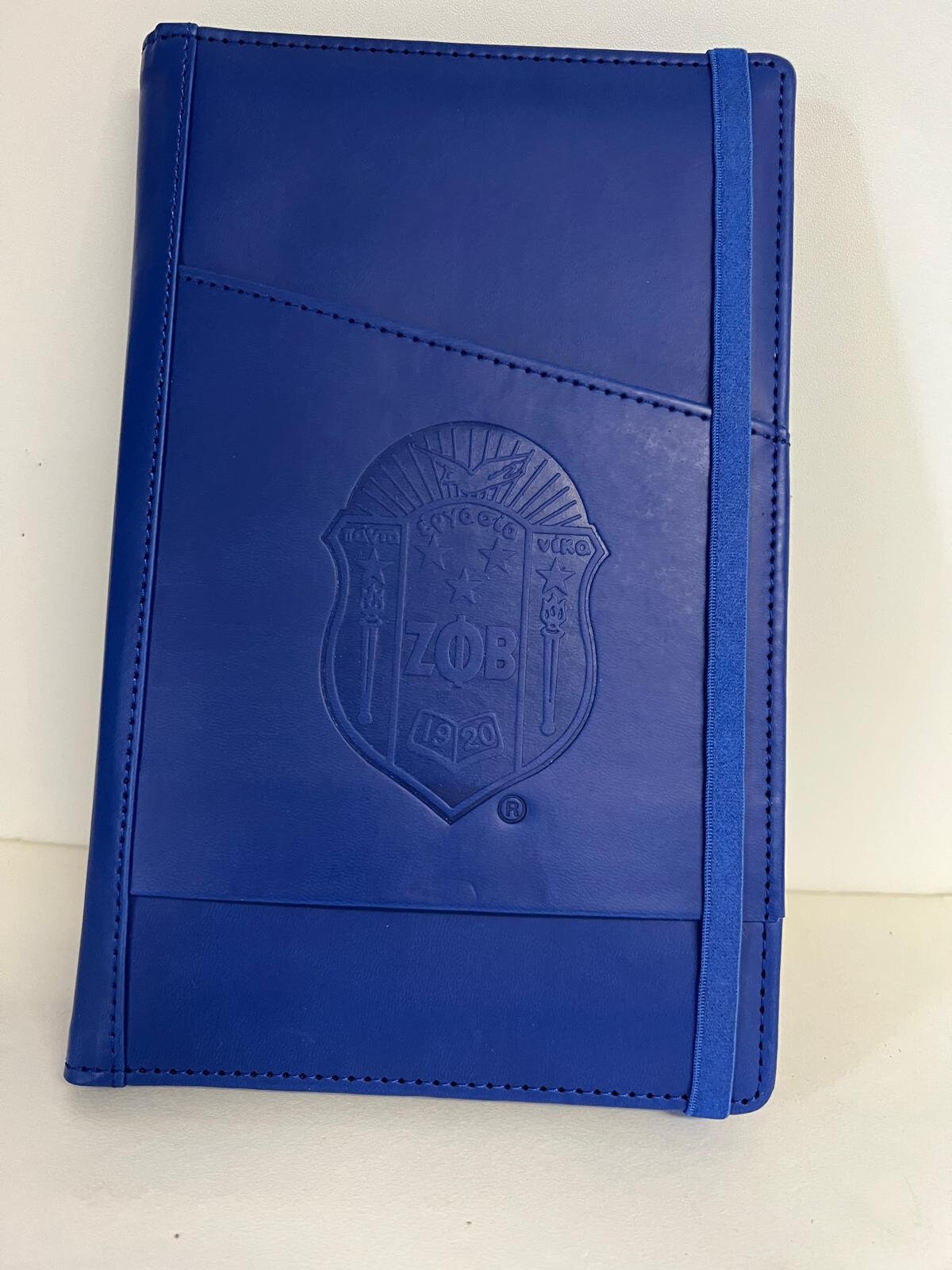 Zeta Phi Beta (ZOB) Sorority Artificial Leather Notebook- organizational shield print on front Blue Color.