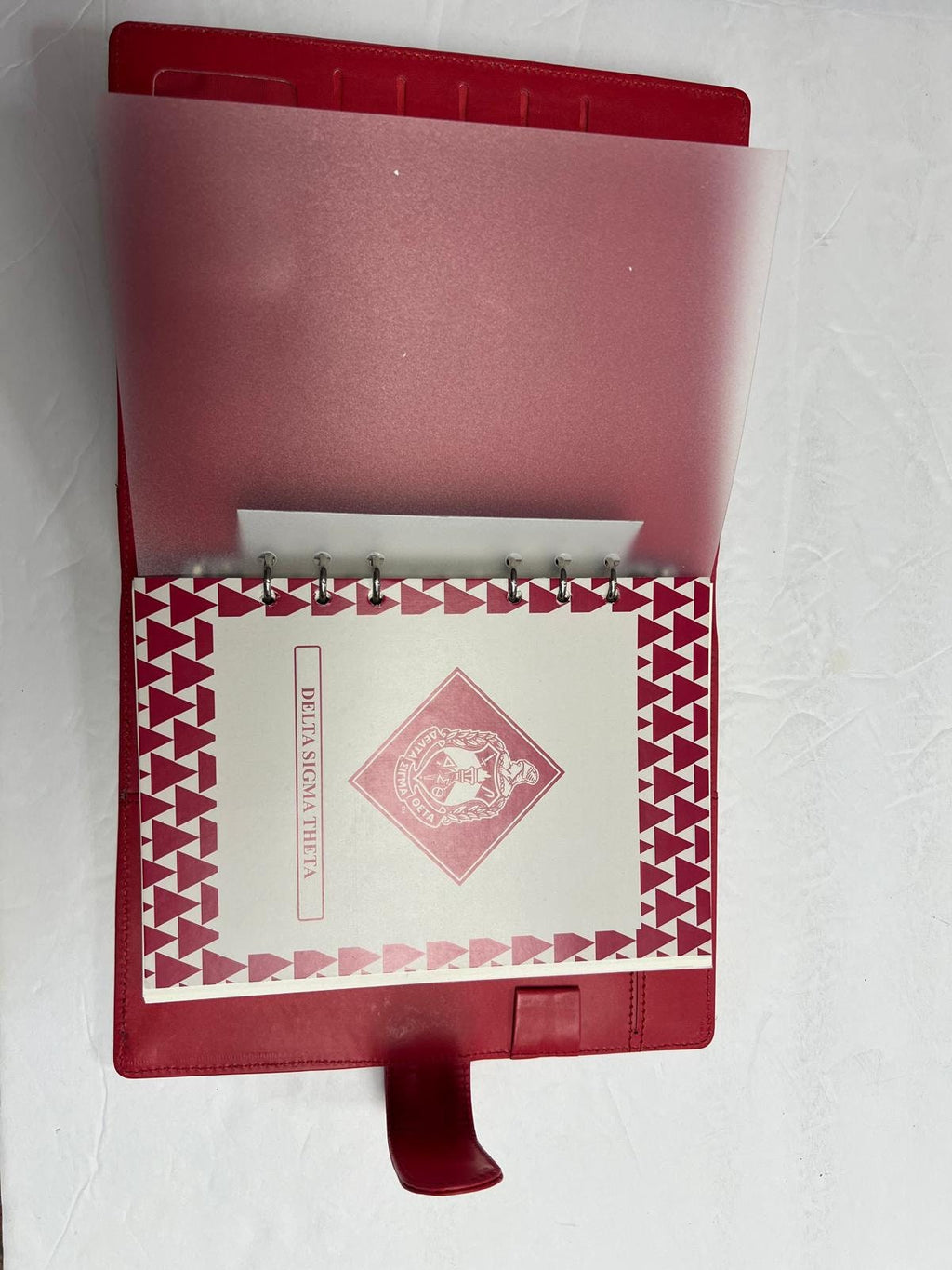 Delta Sigma Theta (ΔΣΘ) Sorority Artificial Leather Planner with calendar- organizational shield print on front Red Color 2025